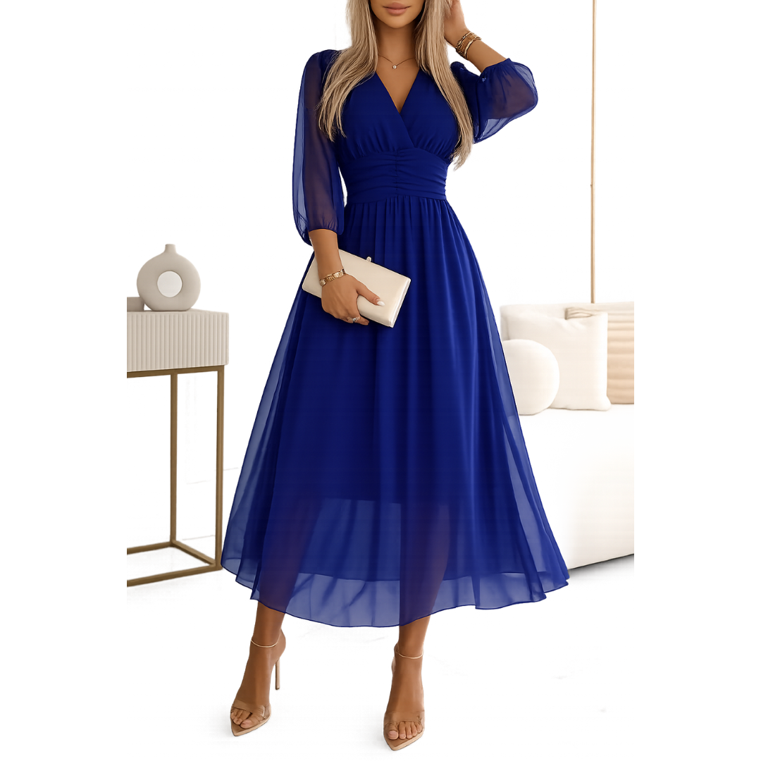 Women’s Chiffon Midi Dress – Ruched Waist Occasion Style for Weddings and Summer Events