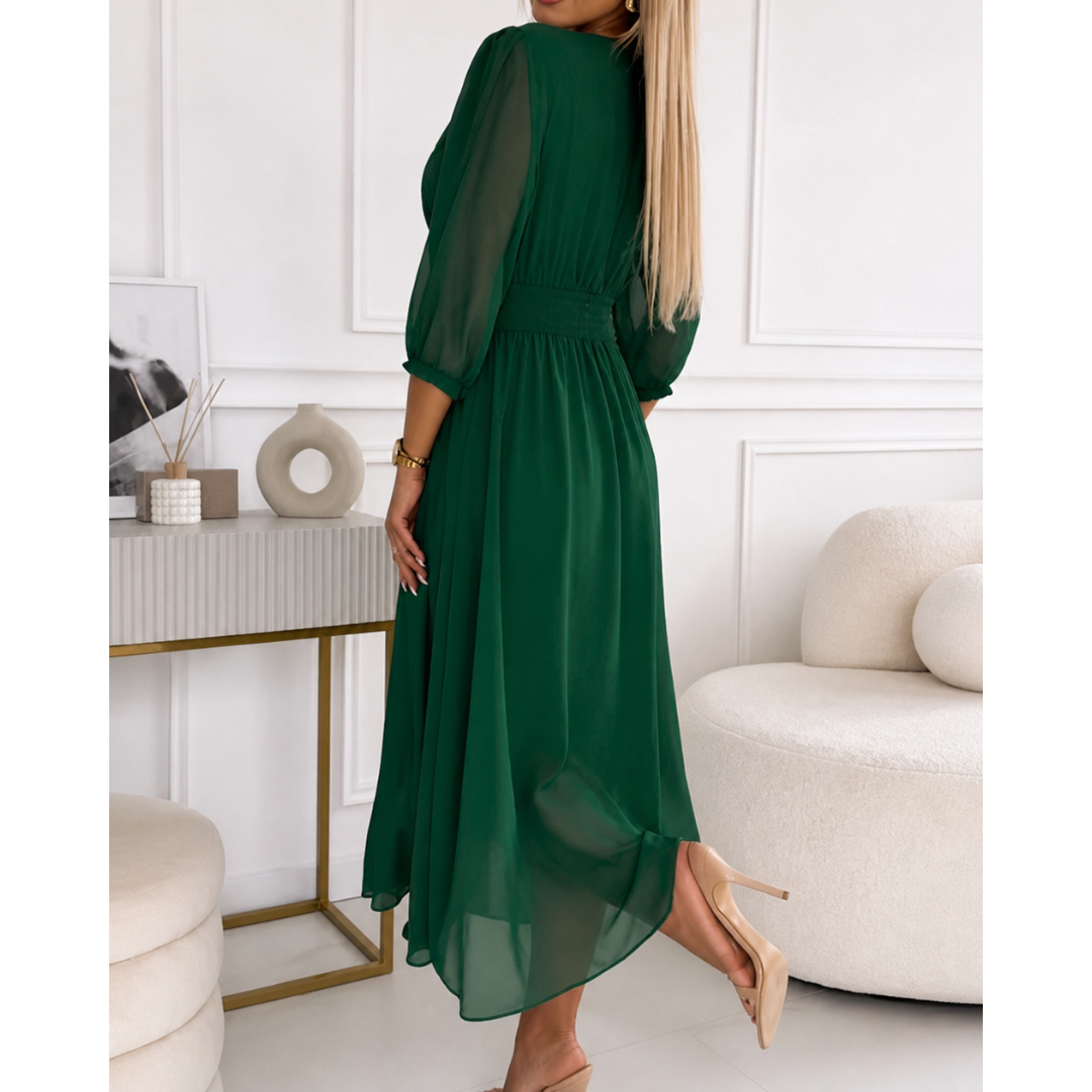 Women’s Chiffon Midi Dress – Ruched Waist Occasion Style for Weddings and Summer Events