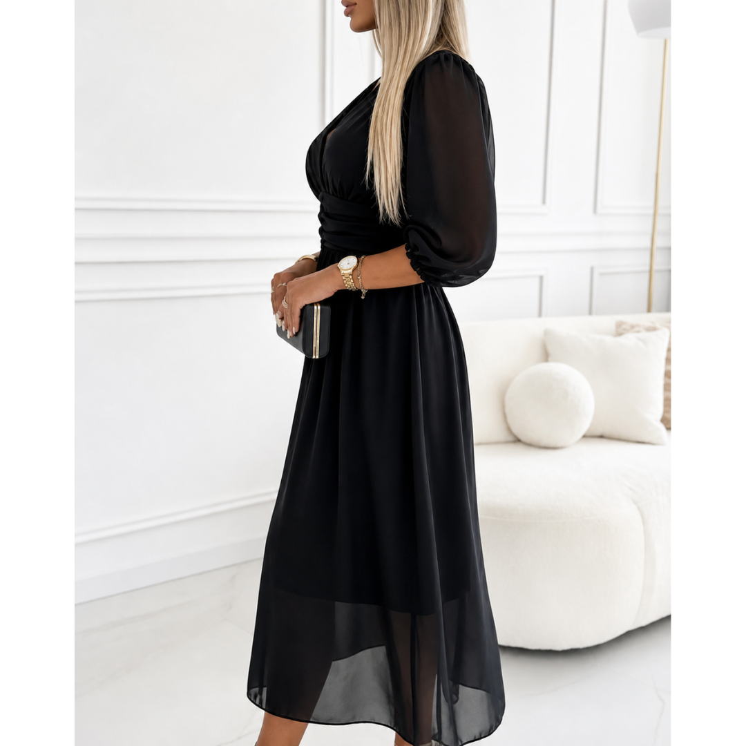Women’s Chiffon Midi Dress – Ruched Waist Occasion Style for Weddings and Summer Events