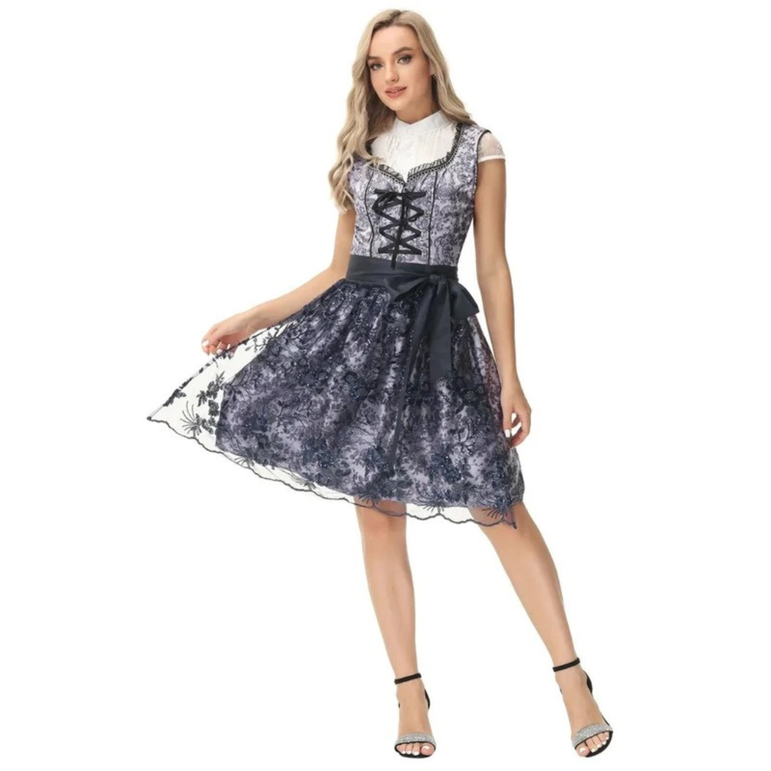 Dámské krajkové dirndl šaty – mini šaty na Oktoberfest se šněrováním a ozdobnou zástěrkou