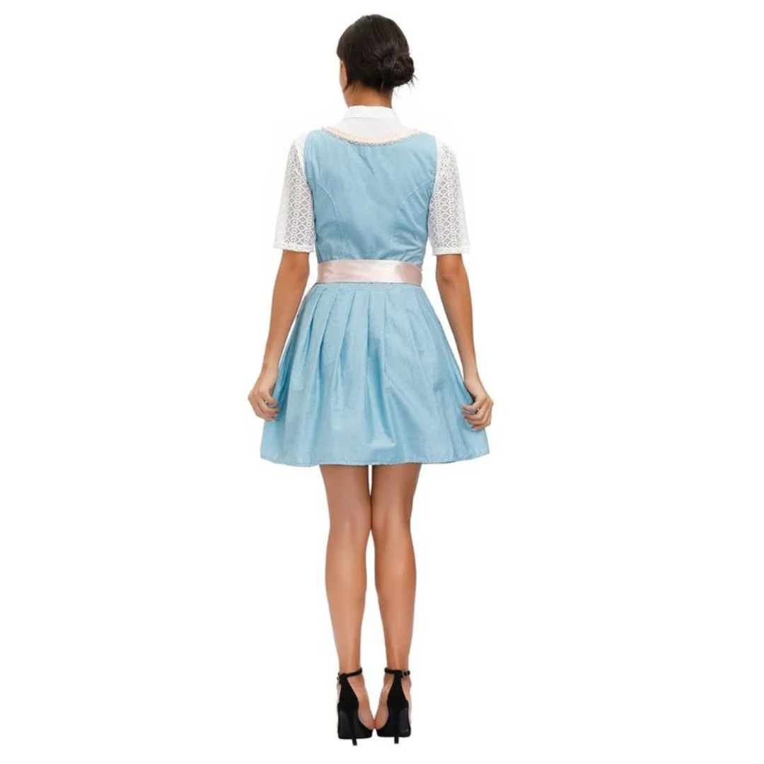 Dámské krajkové dirndl šaty – mini šaty na Oktoberfest se šněrováním a ozdobnou zástěrkou