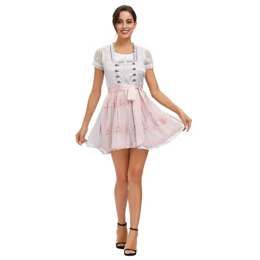 Dámské krajkové dirndl šaty – mini šaty na Oktoberfest se šněrováním a ozdobnou zástěrkou