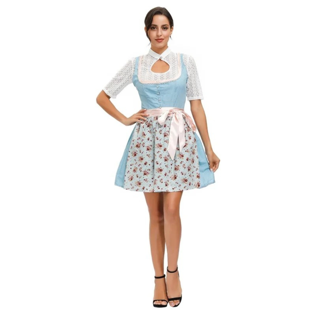Dámské krajkové dirndl šaty – mini šaty na Oktoberfest se šněrováním a ozdobnou zástěrkou