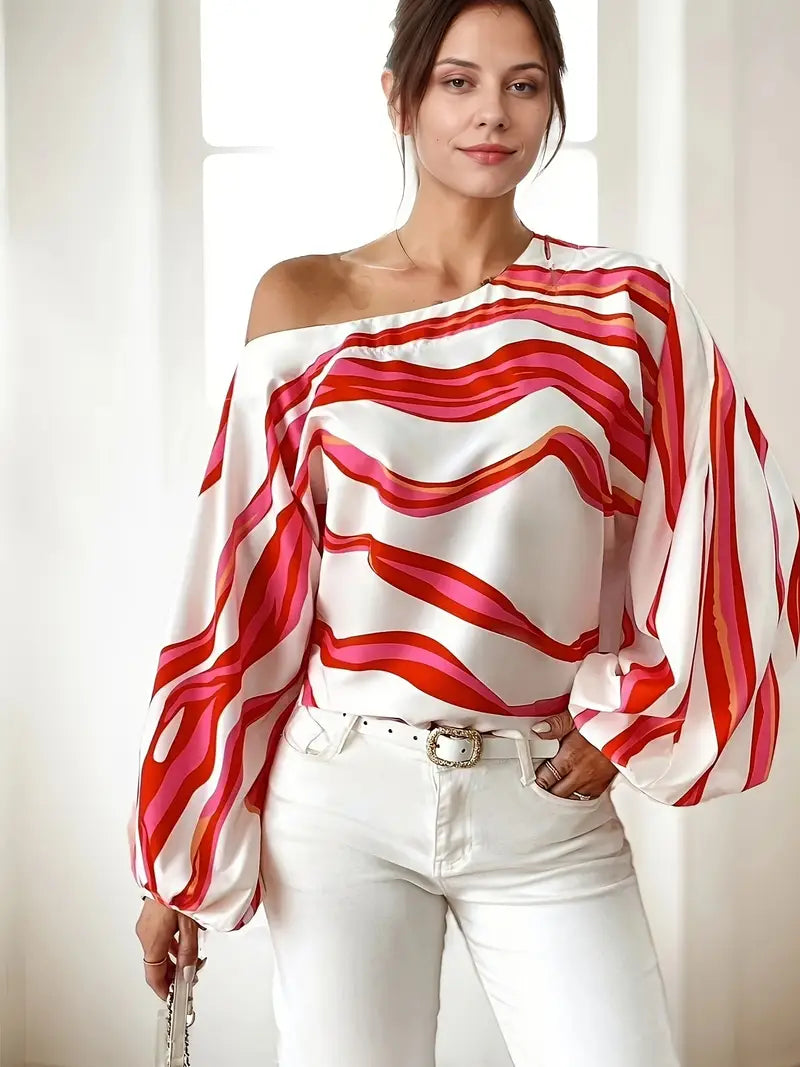 Women’s Printed One Shoulder Balloon Sleeve Satin Blouse