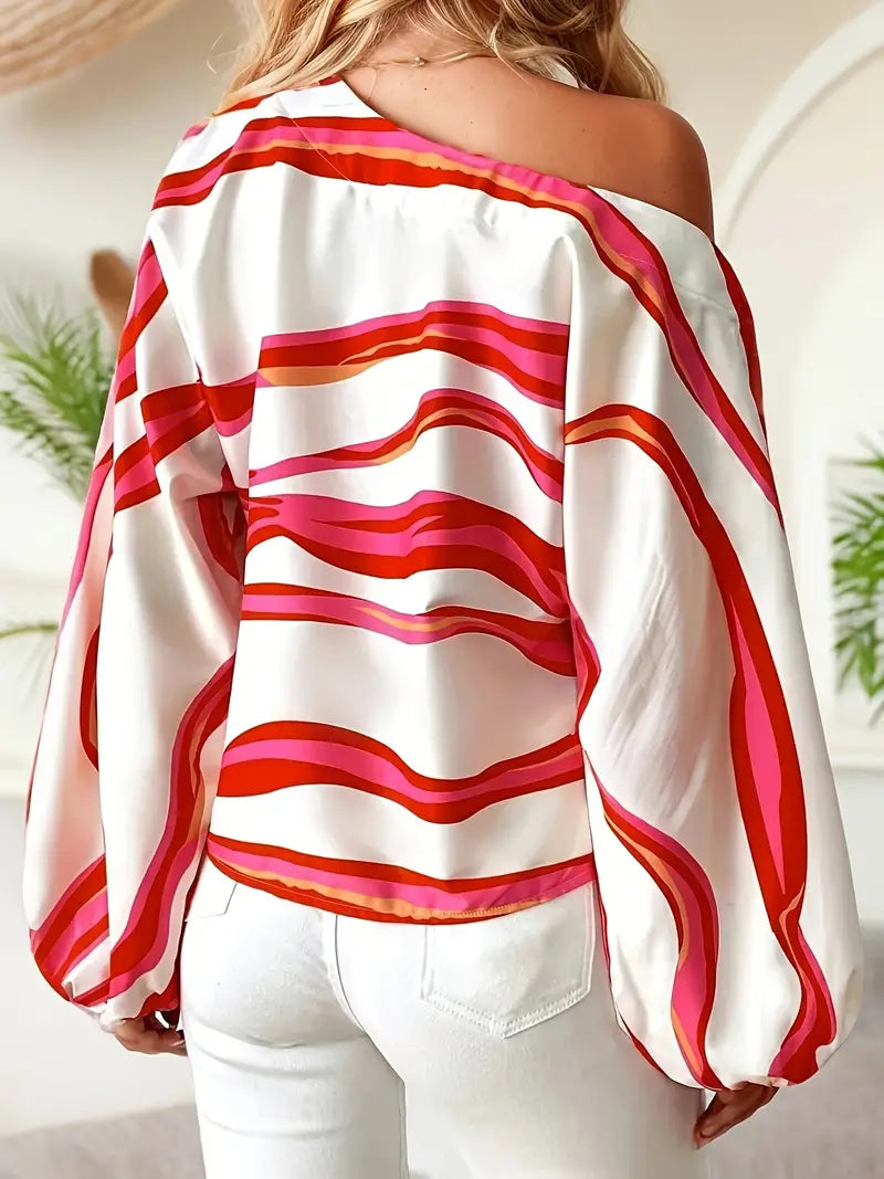 Women’s Printed One Shoulder Balloon Sleeve Satin Blouse