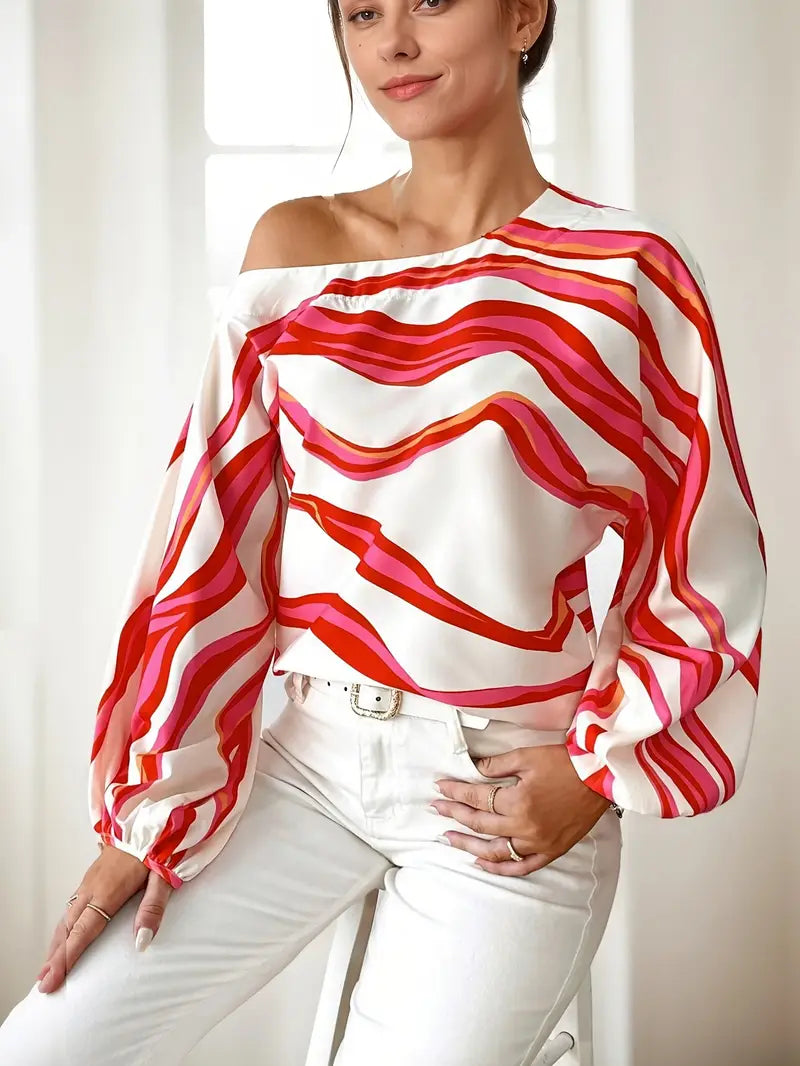 Women’s Printed One Shoulder Balloon Sleeve Satin Blouse