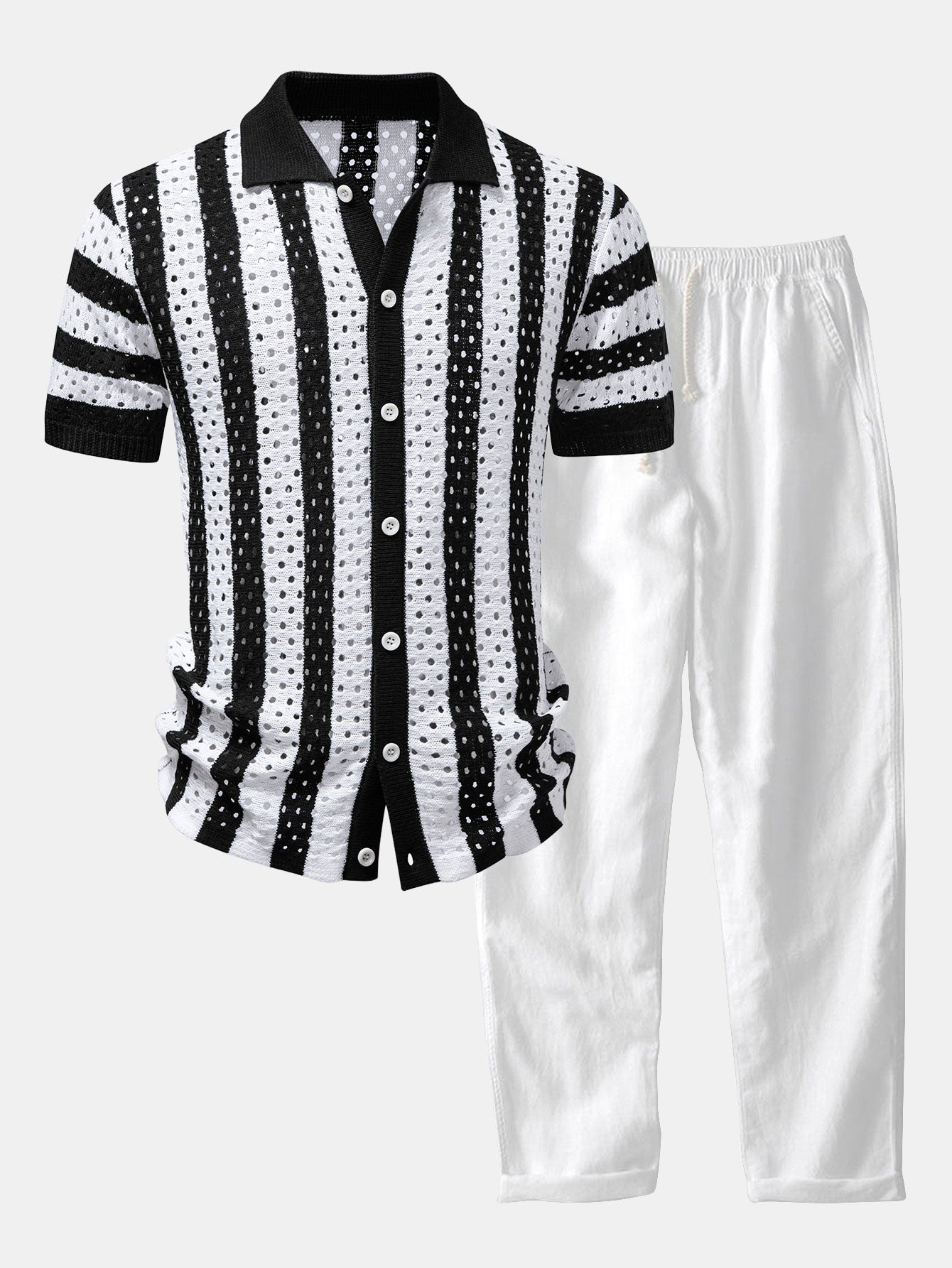 Set estivo da resort da uomo con camicia in maglia traforata e pantaloni in misto lino abbinati