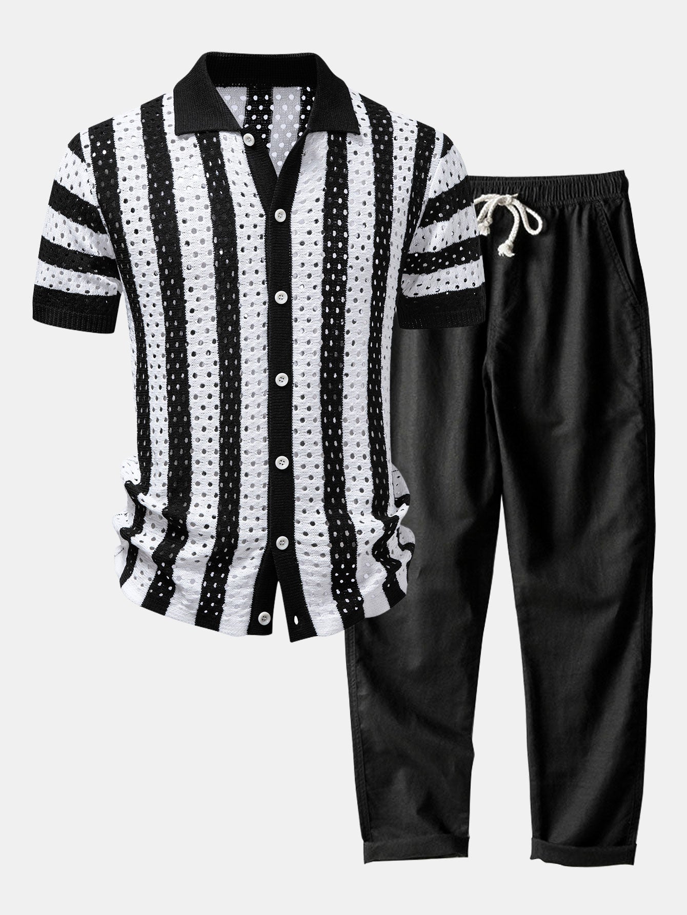 Set estivo da resort da uomo con camicia in maglia traforata e pantaloni in misto lino abbinati
