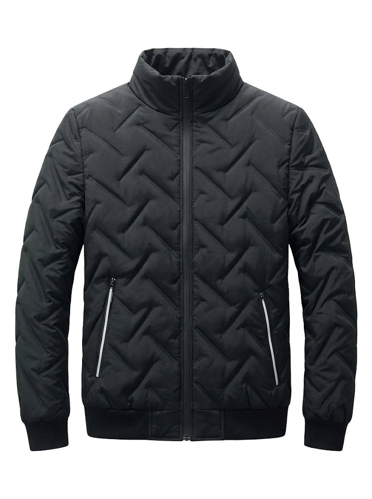 Men’s Lightweight Bomber Jacket – Textured Casual Winter Layer with Stand Collar and Ribbed Trims