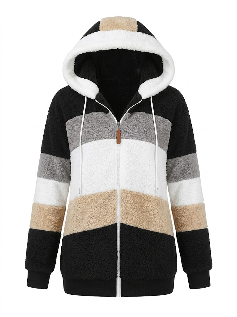 Veste à capuche pour femme en polaire teddy bicolore – couche chaude zippée pour l’hiver
