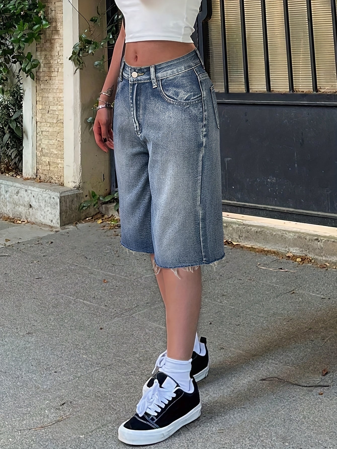 Dame Denim Jorts Løs Pasform Høj Talje Vide Ben Knælange Casual Shorts