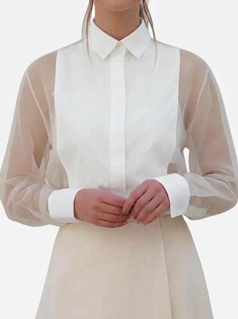 Women’s Sheer Organza Sleeve Blouse – Elegant Collared Style for Office and Special Events