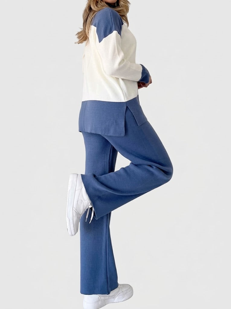 Damen-Strick-Zweiteiler im Colour-Block-Design – Langarmtop mit Stehkragen und Hose mit weitem Bein für legere Looks