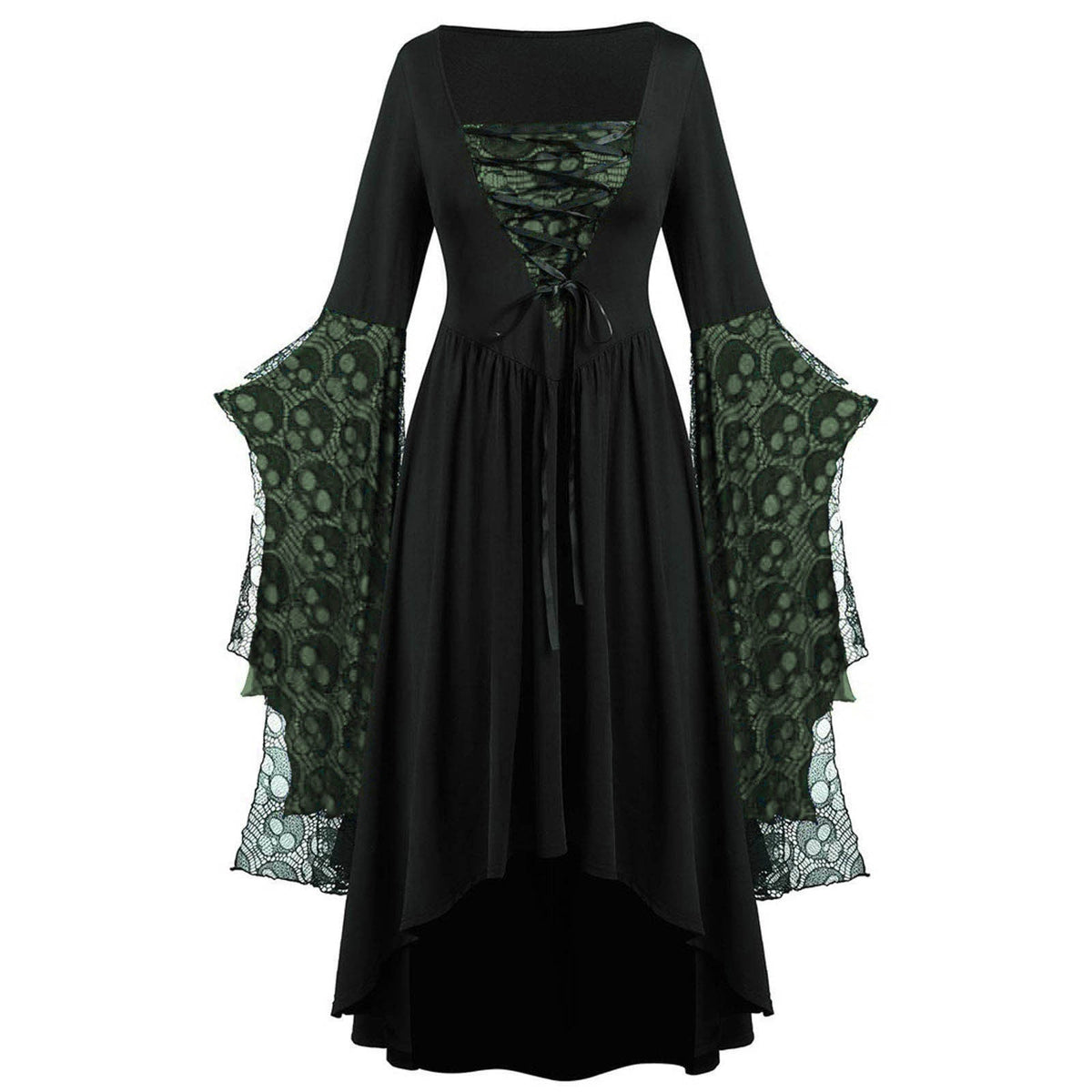Maxi-jurk met kanten mouwen en verschillende zoomlengtes voor dames - avondjurk met vierkante hals en veterdetail voor themafeesten en speciale gelegenheden