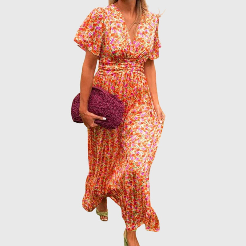 Women’s Printed Wrap-Style Maxi Dress – Short Sleeve Outfit for Summer Events