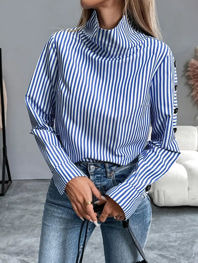Women’s Striped Funnel-Neck Blouse – Button-Detail Long-Sleeve Style for Smart Casual Wear