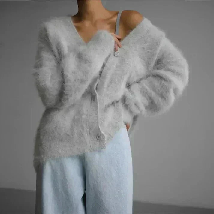 Cárdigan mullido de cuello en V para mujer – Tejido suave de corte relajado con botones para otoño e invierno