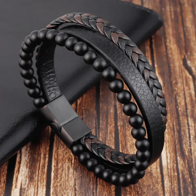 Men’s Layered Leather Bracelet Set – Braided Beaded Wristwear for Everyday Styling