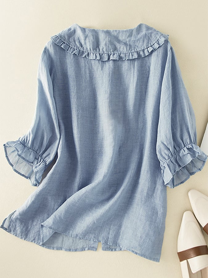 Women’s Relaxed Summer Shirt – Button-Front Blouse with Ruffled Collar and Cuffs