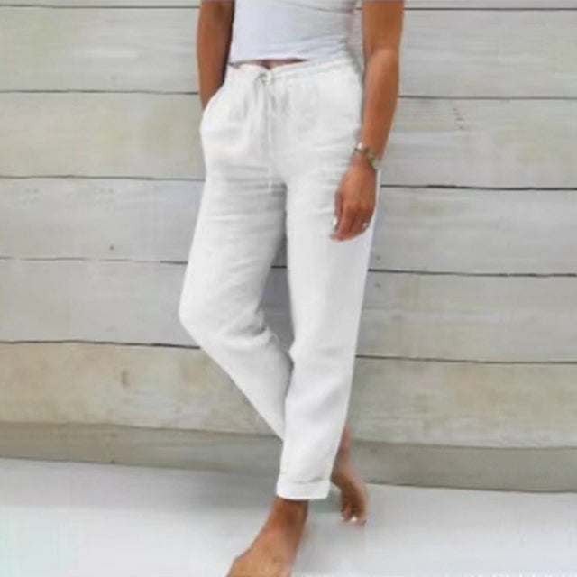 Pantaloni de vară pentru femei, din in, cu șnur, ușori și lejeri