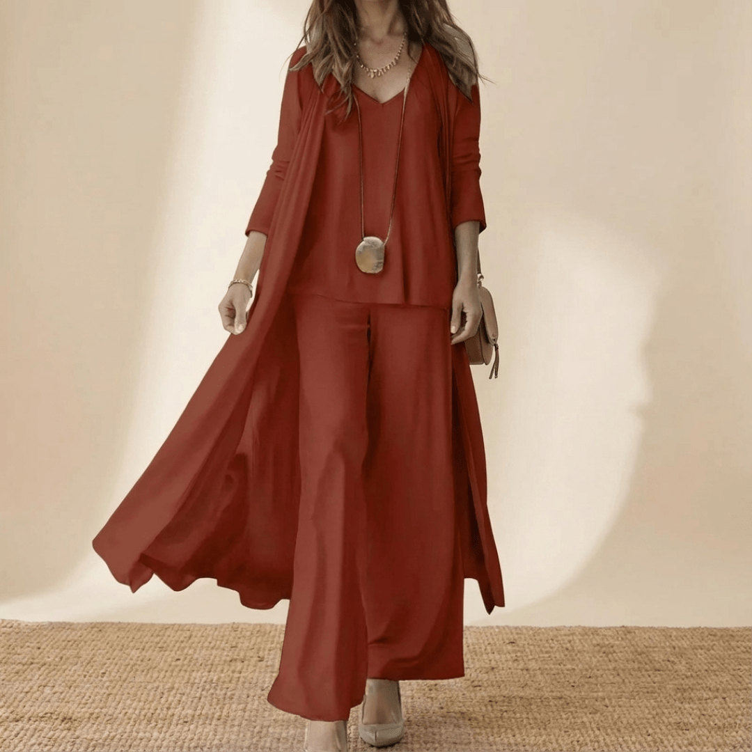 Completo coordinato donna a tre pezzi con cardigan lungo e pantaloni a gamba larga