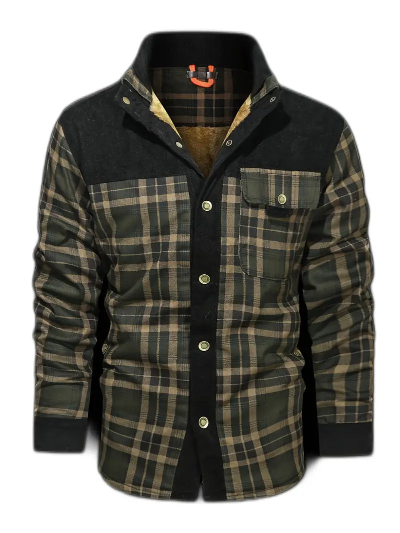Men’s Fleece-Lined Plaid Overshirt – Warm Long-Sleeve Layer for Casual Autumn and Winter Wear
