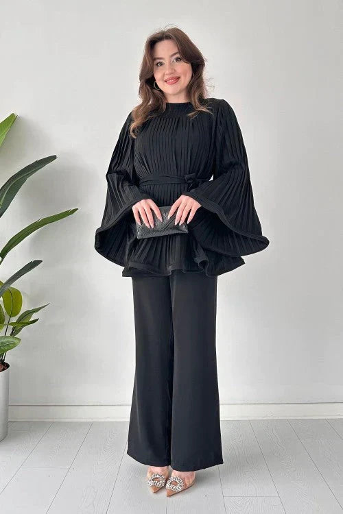 Ensemble pour femme composé d'un haut plissé à ceinture et d'un pantalon à jambes larges - Tenue élégante deux pièces à manches cloche fluides pour le travail et les occasions spéciales