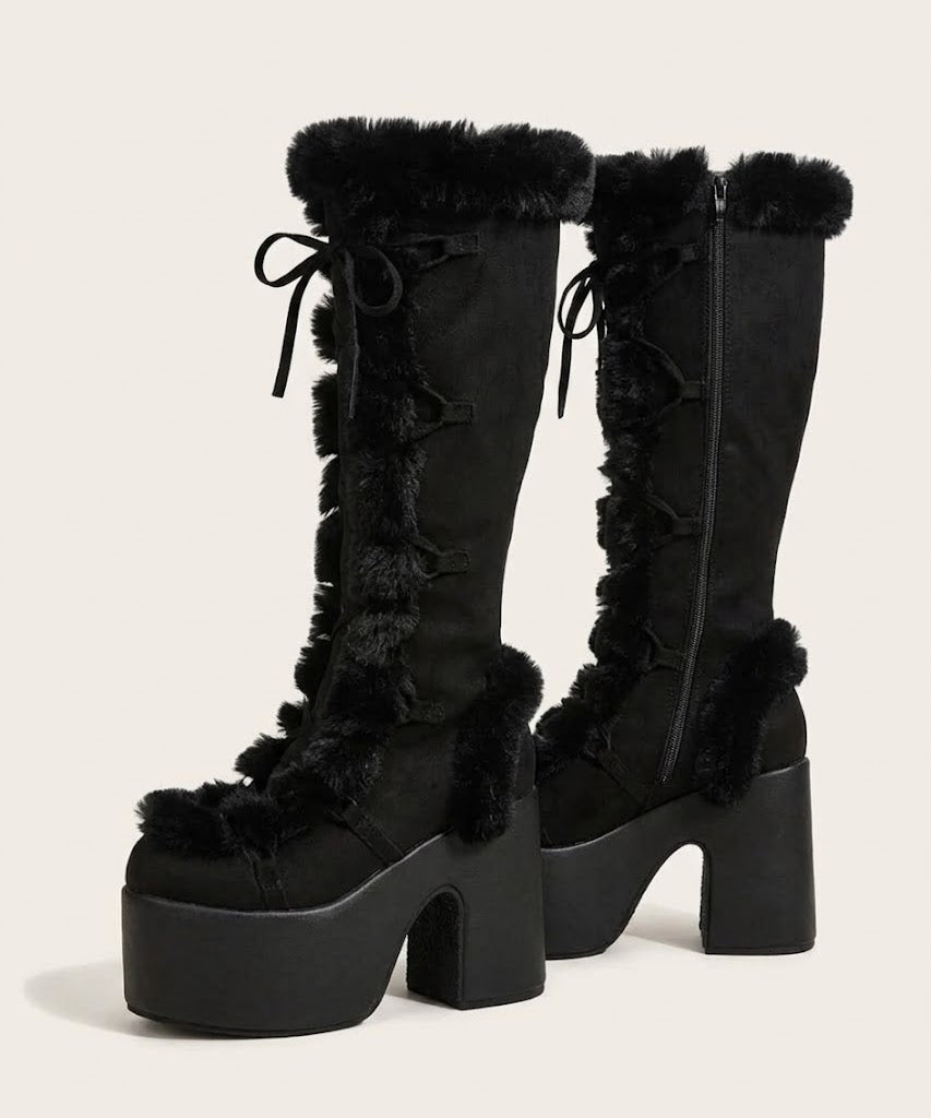 Damen-Schneestiefel aus Wildleder mit Plateau und kniehohem Schaft – winterliche Schnürstiefel mit kuscheligem Futter und Blockabsatz