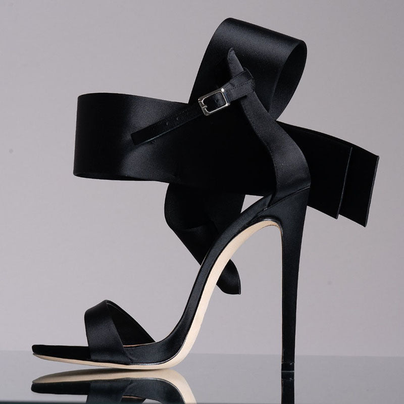 Women’s Oversized Bow Stiletto Sandals – Satin Ankle-Strap High Heels for Weddings Parties and Evening Events
