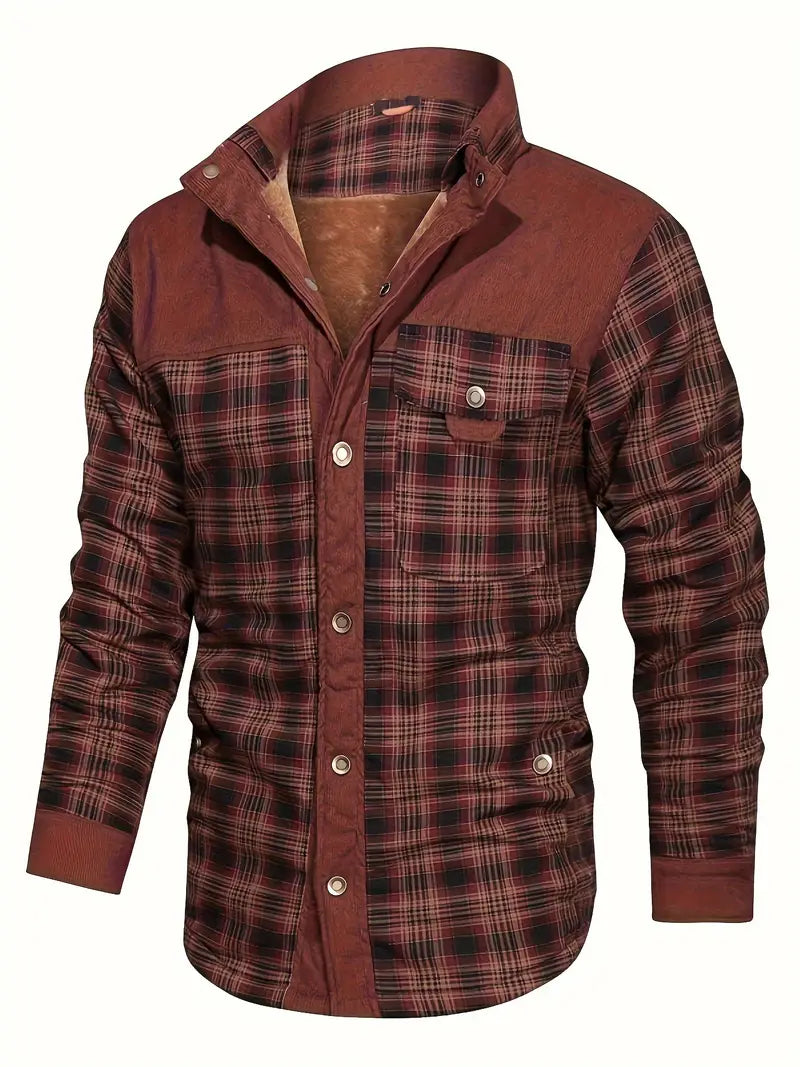 Men’s Fleece-Lined Plaid Overshirt – Warm Long-Sleeve Layer for Casual Autumn and Winter Wear