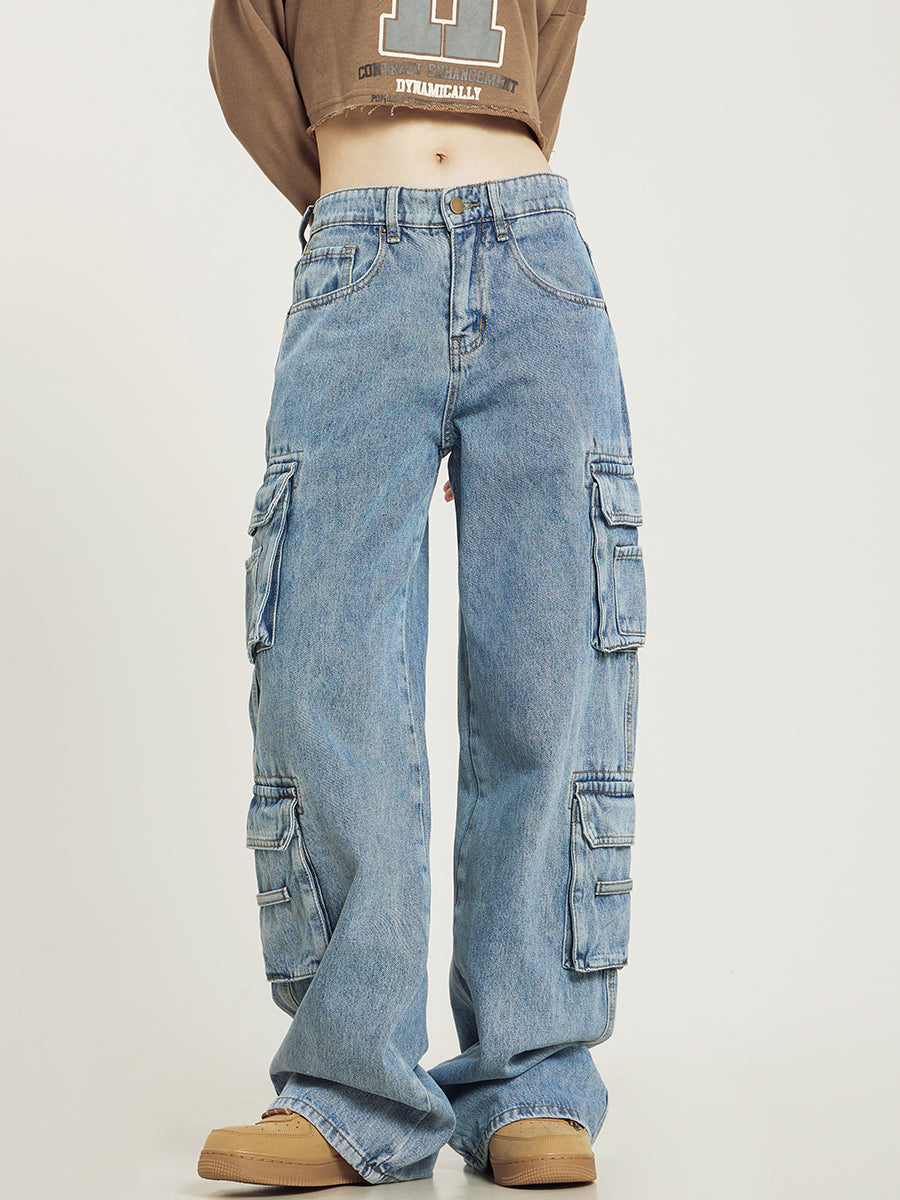 Jeans cargo da donna a gamba larga con tasche utility