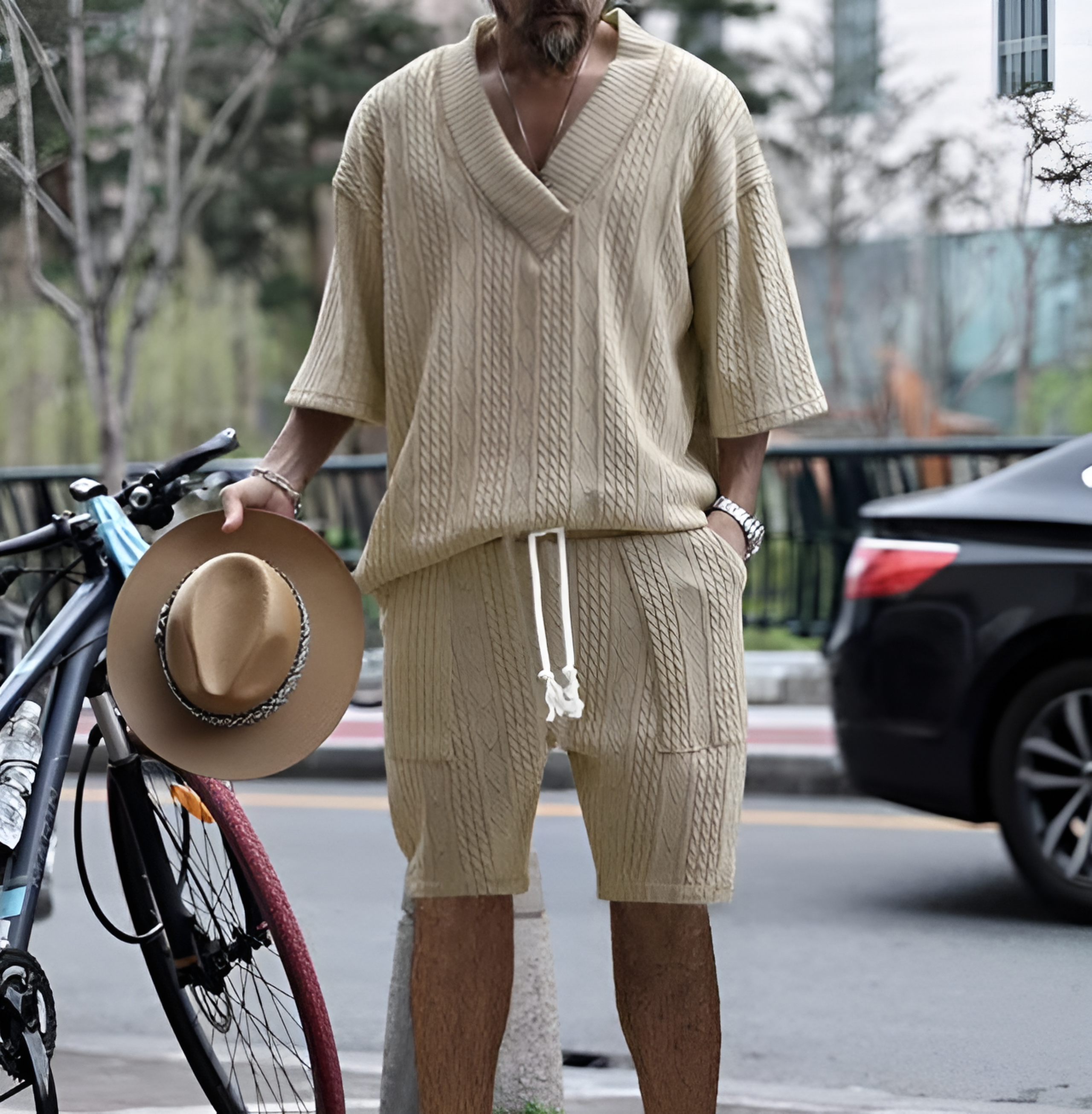 Herre tekstureret oversized lounge sommer shorts sæt