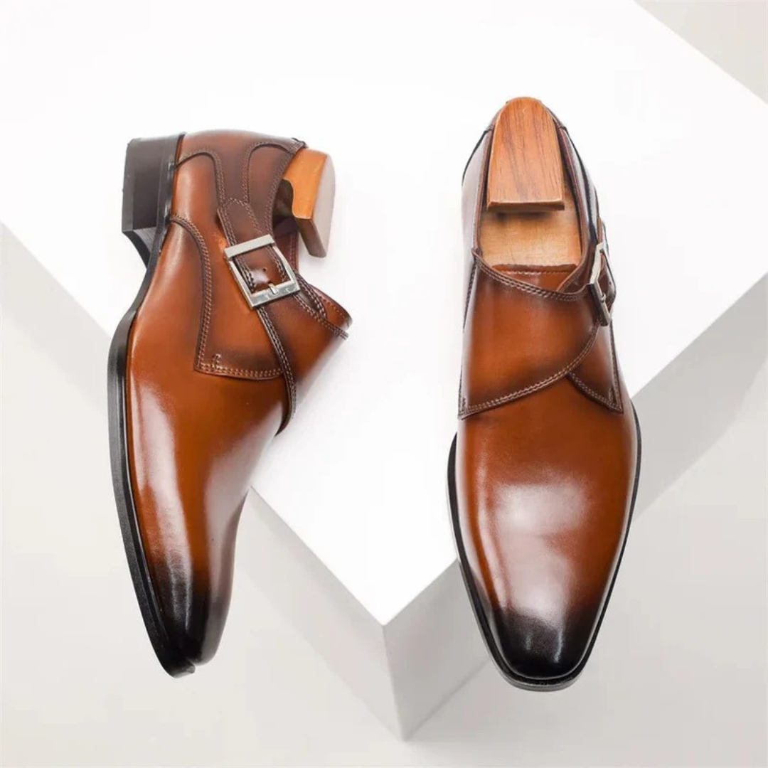 Męskie eleganckie buty typu single monk strap – formalne obuwie zapinane na klamrę do pracy w biurze i na spotkania biznesowe