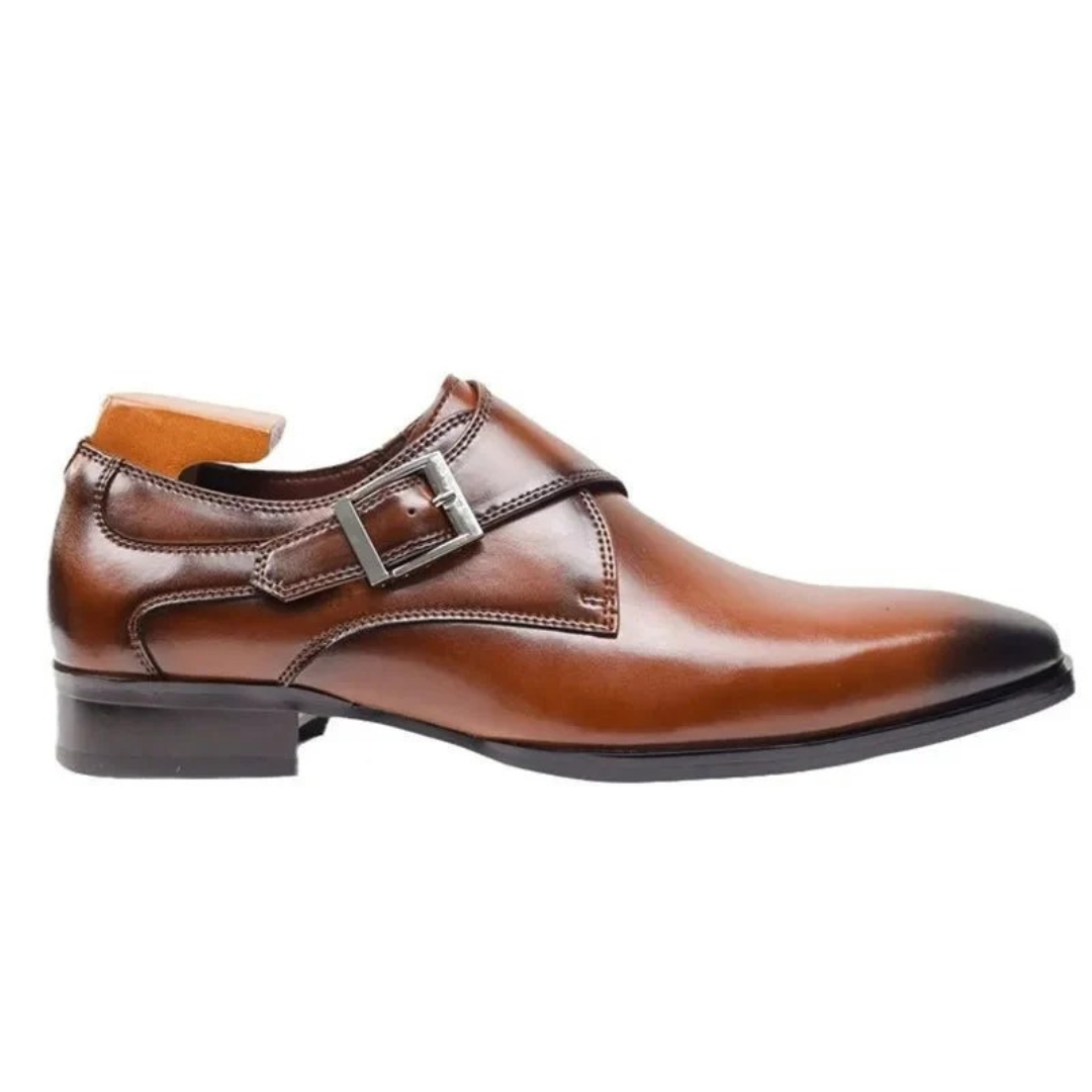 Męskie eleganckie buty typu single monk strap – formalne obuwie zapinane na klamrę do pracy w biurze i na spotkania biznesowe