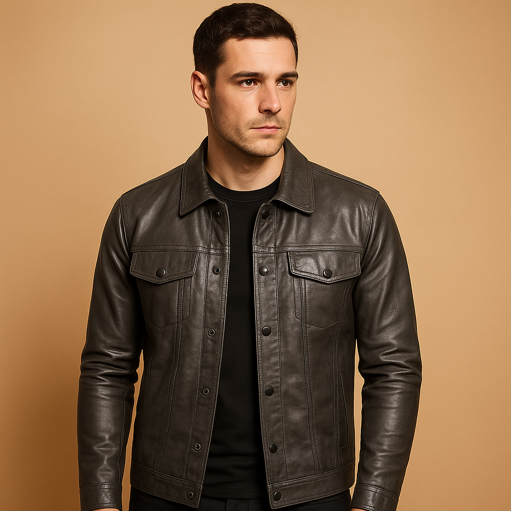Men’s Leather-Look Trucker Jacket – Button-Front Short Layer with Chest Pockets for Casual City Everyday and Transitional Wear