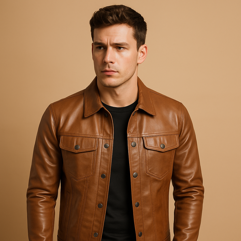 Men’s Leather-Look Trucker Jacket – Button-Front Short Layer with Chest Pockets for Casual City Everyday and Transitional Wear