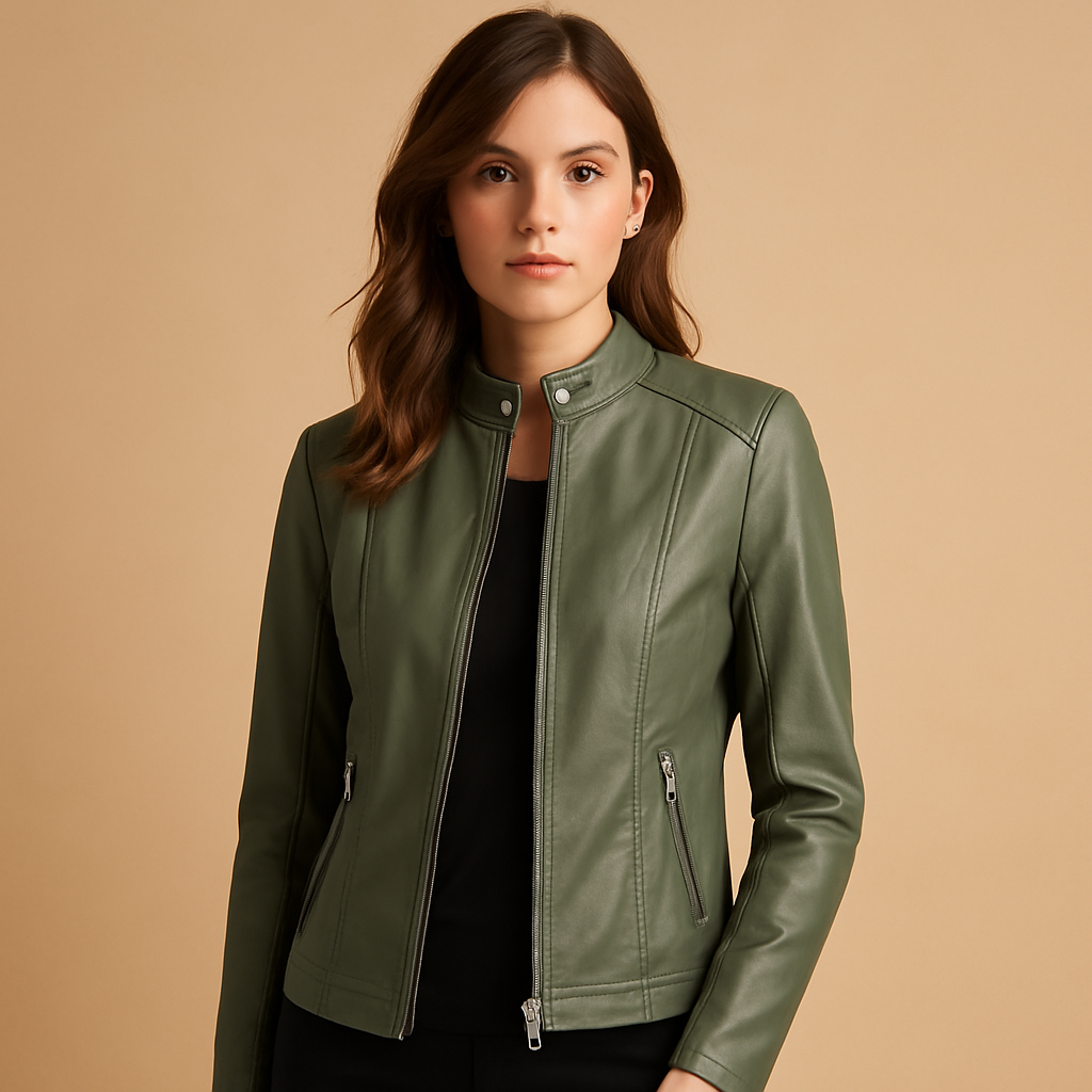 Giacca biker da donna in stile moto - Strato aderente con colletto rialzato e chiusura con cerniera, ideale per l'autunno e la primavera