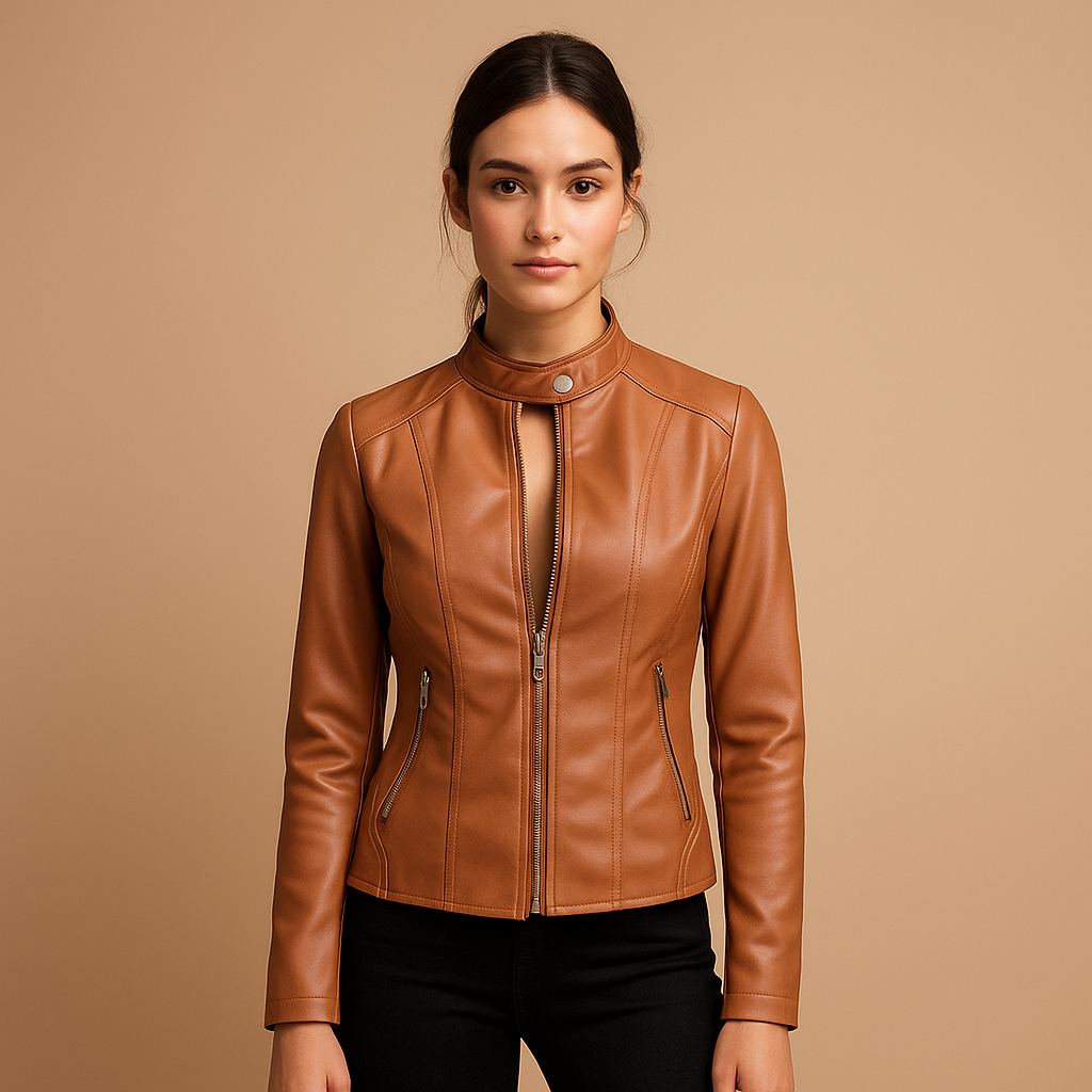 Giacca biker da donna in stile moto - Strato aderente con colletto rialzato e chiusura con cerniera, ideale per l'autunno e la primavera