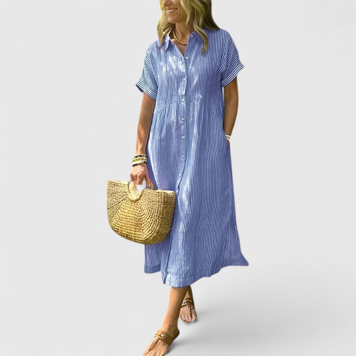 Abito midi da donna dalla vestibilità comoda – modello stampato con bottoni sul davanti e tasche, per l’estate