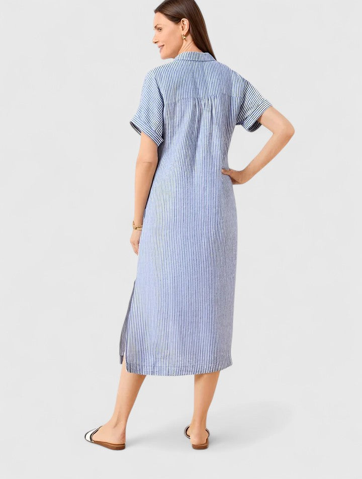 Abito midi da donna dalla vestibilità comoda – modello stampato con bottoni sul davanti e tasche, per l’estate