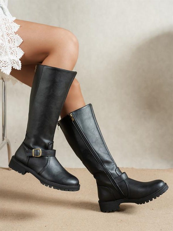 Botas de caña alta con hebilla para mujer - botas ecuestres de tacón bajo y ancho, con cremallera lateral y suela dentada para el otoño
