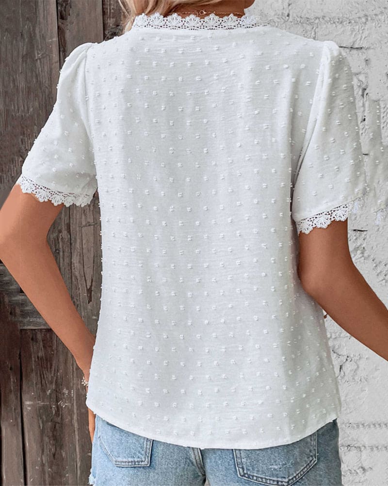 Women’s Lace Trim Textured Short Sleeve Relaxed Blouse