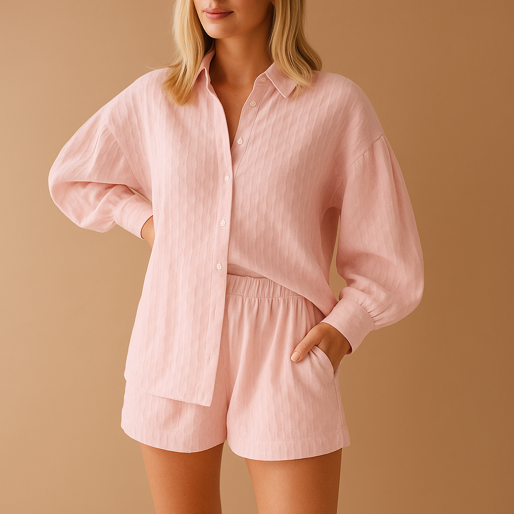Women’s Relaxed Button-Front Blouse and Shorts Set – Lightweight Summer Outfit for Holidays and Casual Wear