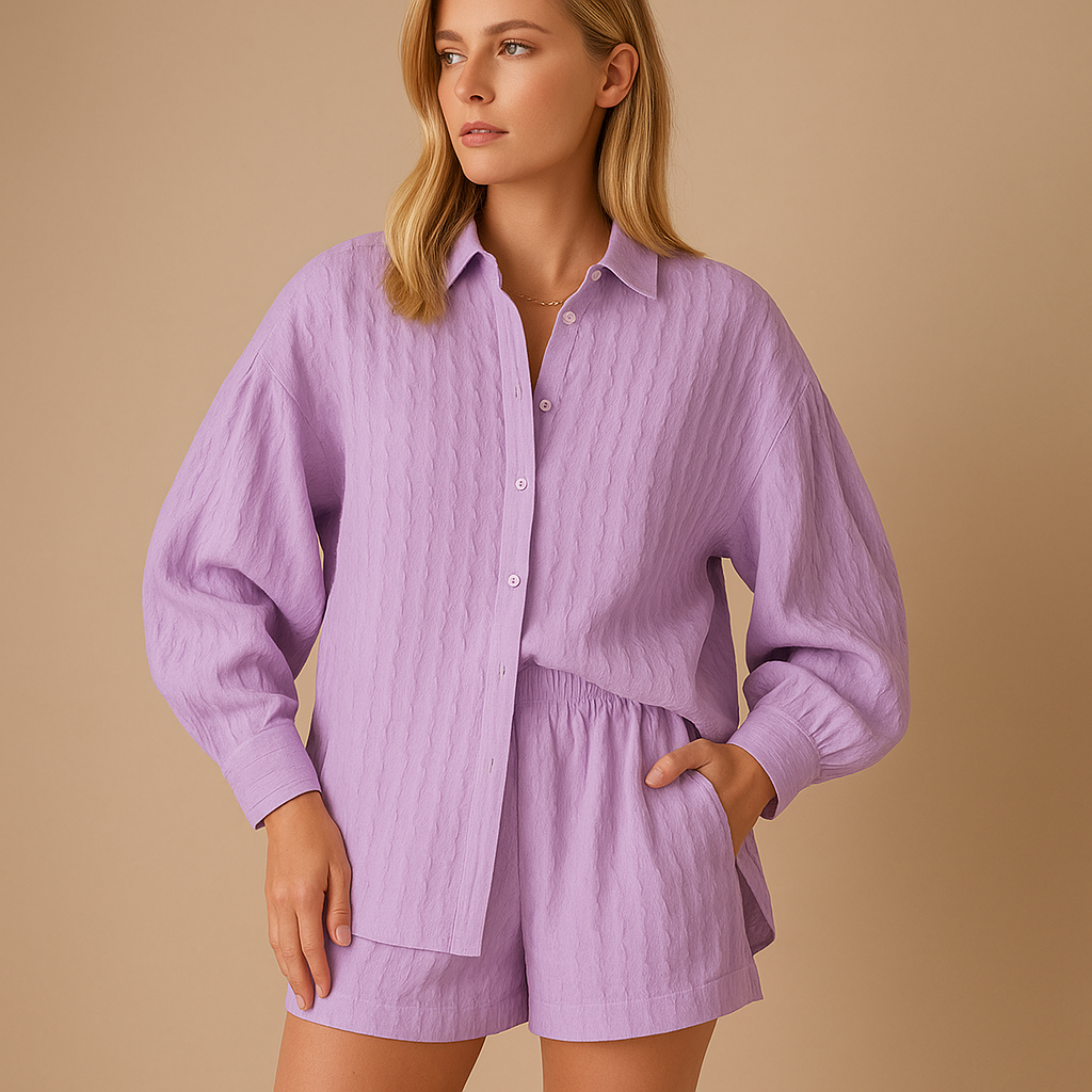 Women’s Relaxed Button-Front Blouse and Shorts Set – Lightweight Summer Outfit for Holidays and Casual Wear