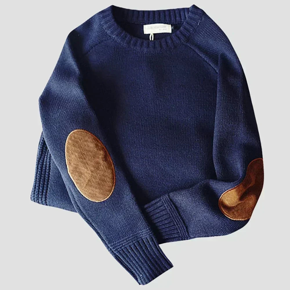 Camisola masculina quente de gola redonda com remendos nos cotovelos – malha descontraída de inverno para usar no escritório e ao fim de semana