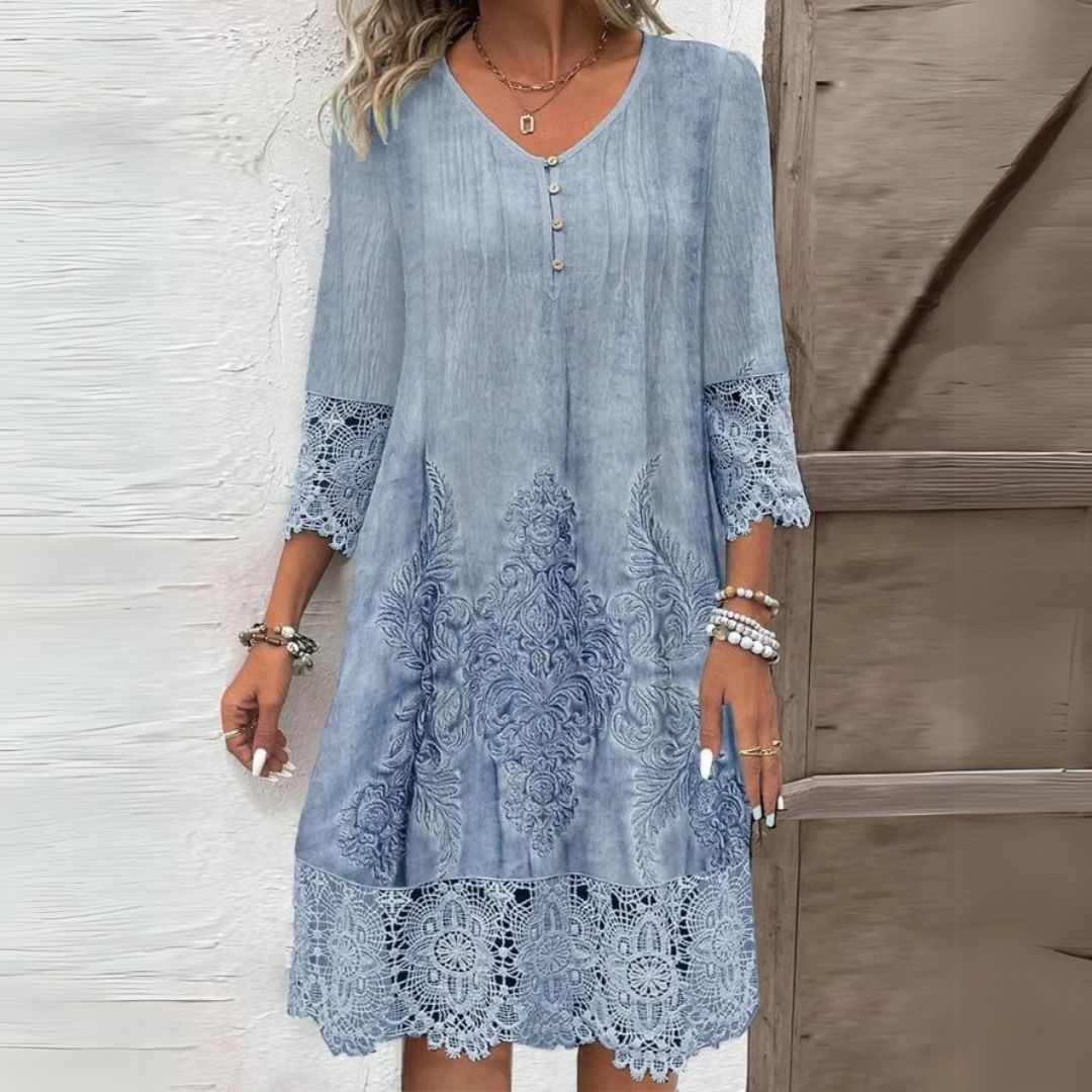Women’s Lace-Trim Shift Dress – Embroidered Midi Dress for Summer Wear