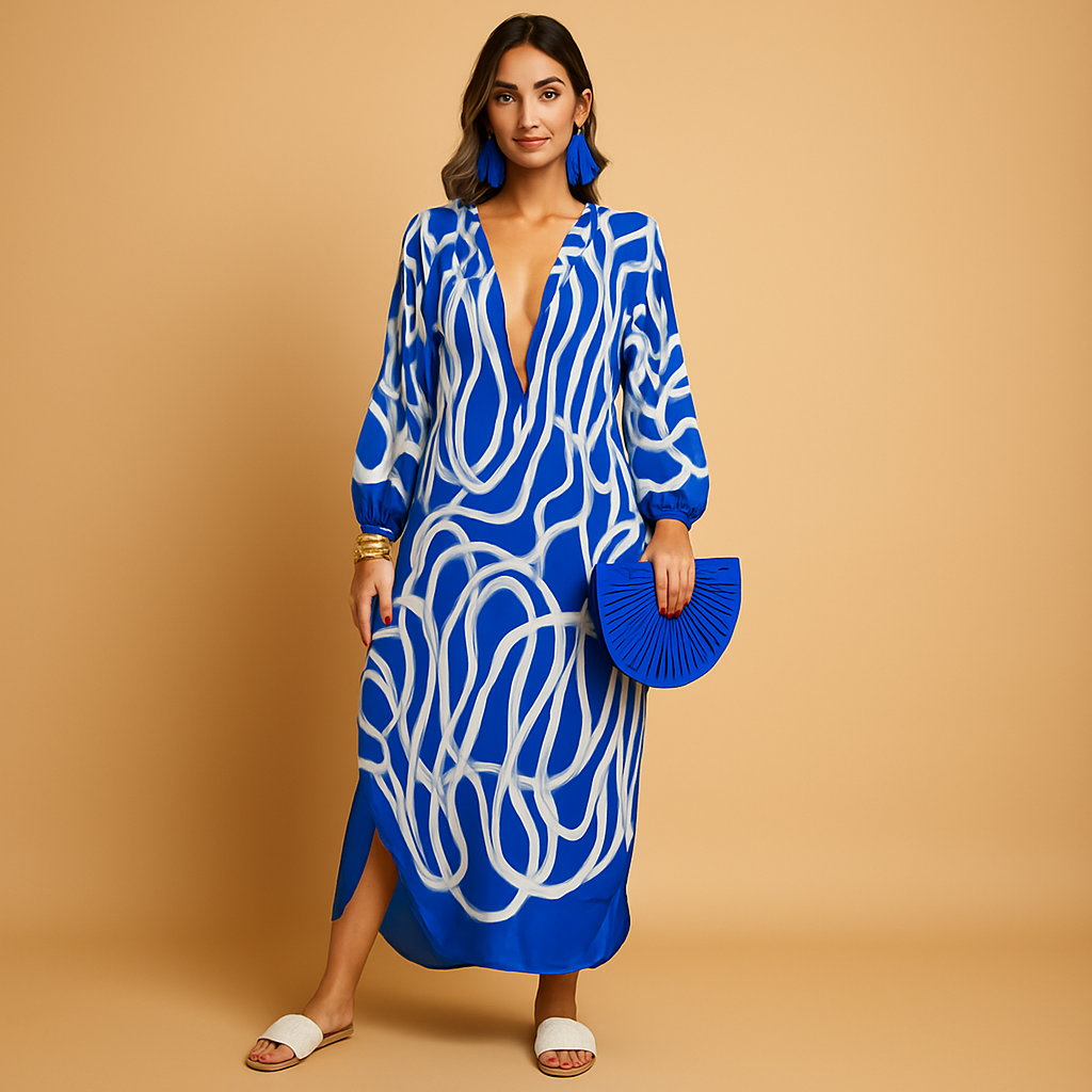 Women’s Printed V-Neck Maxi Dress – Lightweight Bohemian Style for Summer Holidays and Festivals