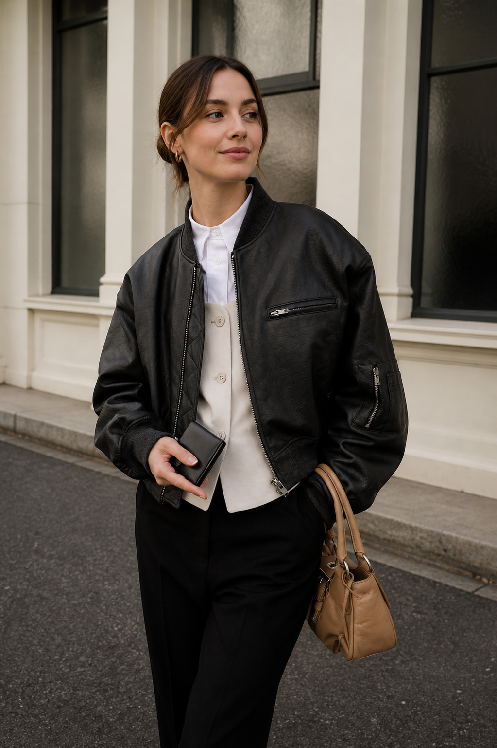 Dámská oversized bomber bunda v koženém vzhledu - volná bunda na zip s náplety a praktickými kapsami pro elegantně ležérní městské nošení