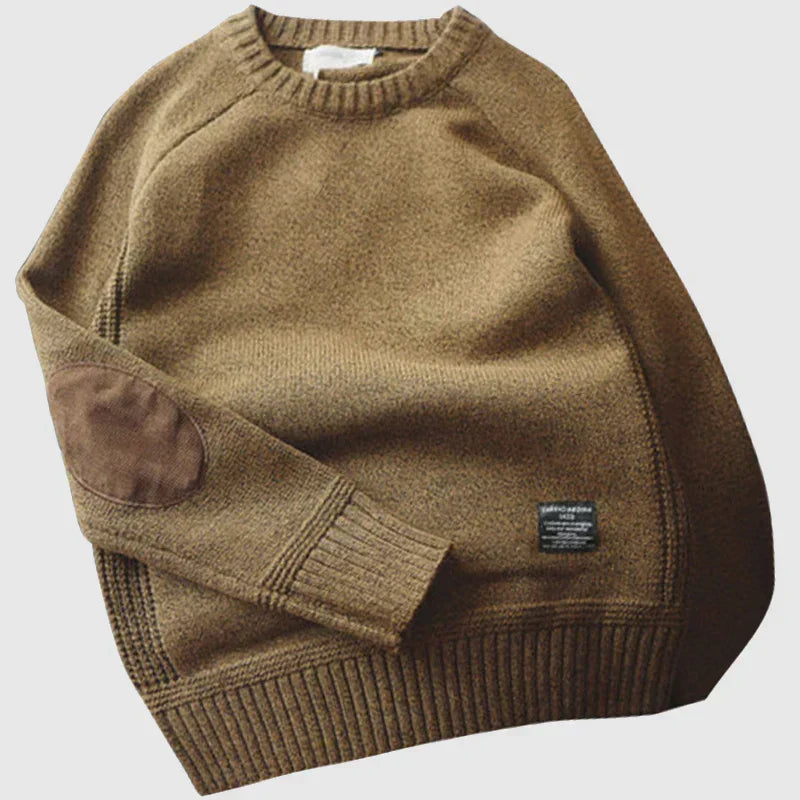 Camisola masculina quente de gola redonda com remendos nos cotovelos – malha descontraída de inverno para usar no escritório e ao fim de semana