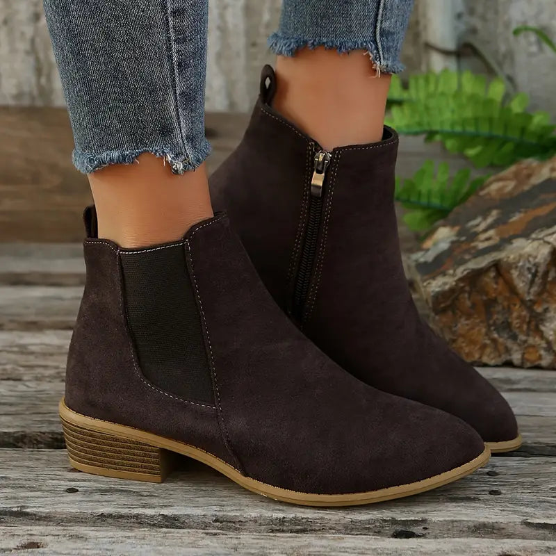 Women’s Suede-Look Ankle Boots – Side-Zip Low Block-Heel Boots for Everyday Autumn and Casual City Wear